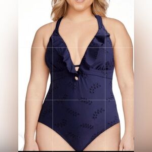 NWT Navy blue eyelet halter one piece swimsuit XL Elegant Bathing suit